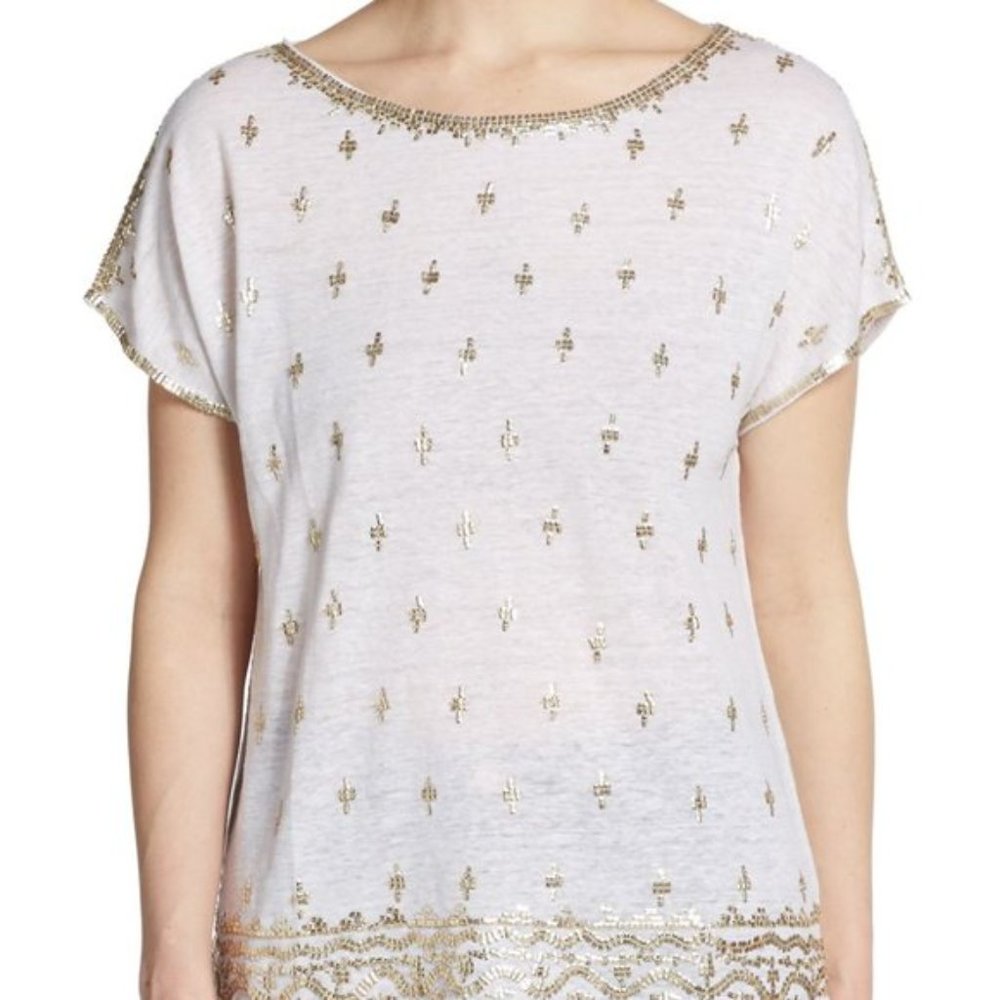 Calypso St. Barth "Caprina" Gold Embellished White Linen Top Size Small